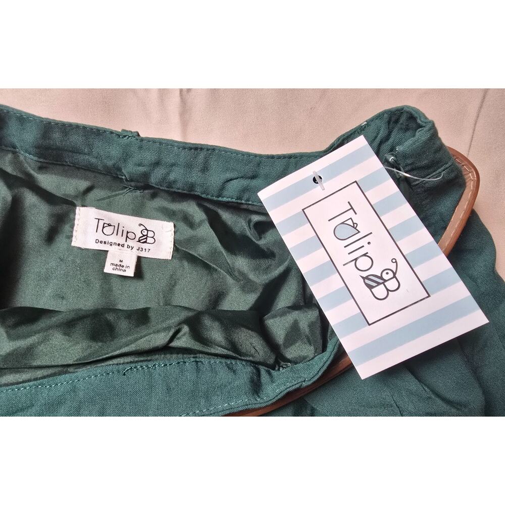 Tulip B Women's Green A-Line Skirt Medium Belted Faux Button Front Pockets NWT - Picture 4 of 6